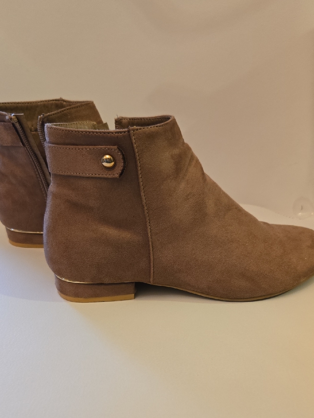 Suede Ankle Booties in Taupe with Gold Accent